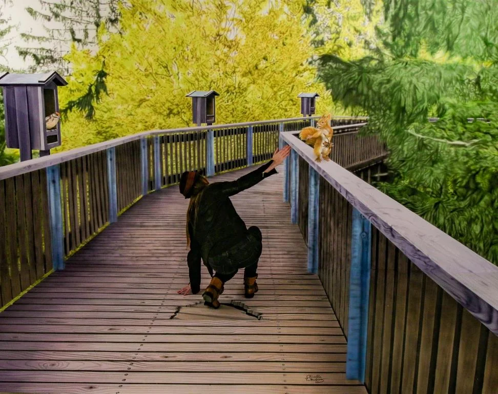 ...Beim Abstieg stürzte ich auf den Wald Wipfel Weg, weil die Bretter einfach brachen. Ein emphatisches Eichhörnchen half mir wieder auf die Beine...