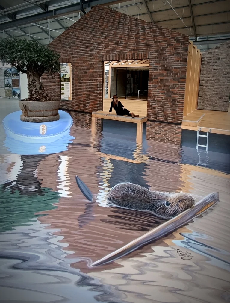Illusionsmalerei rund um eine Hausfassade in der Geschäfts- und Ausstellungshalle der Klinker Profi GmbH in Weseke